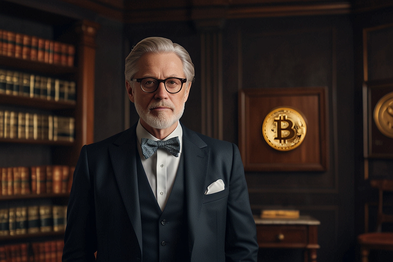 man standing in his library there is bitcoin wealth behind him